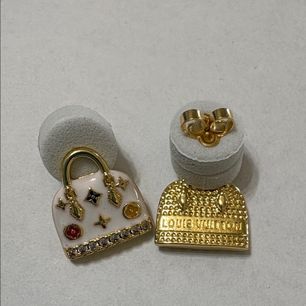Louis Vuitton Gold & White Mini Bag Stud Earrings with Multicolor Accents